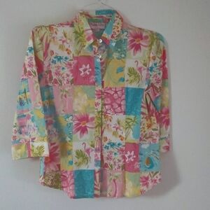 Palm Lilly Patchwork Resort Flamingo Boat Print Button 3/4 Sleeve Blouse, Size 6